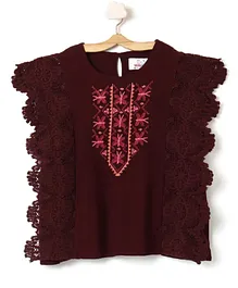 Young Birds Short Sleeves Embroidery Detailing Top - Maroon