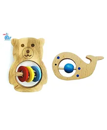 HNT Kids Wooden Teddy Bear And Baby Whale Rattle Toys Pack of 2 - Brown