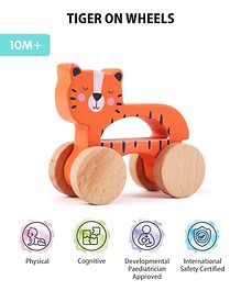 Intellibaby Premium Wooden Tiger on Wheels | Improves Grasping Skills, Hand-Eye Coordination|European Safety, BIS Certified & Paediatrician Approved