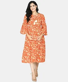 Aaruvi Ruchi Verma Full Sleeves Tropical Print Maternity Dress - Orange
