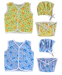 Little Angels Pack Of 2 Teddy Print Jhablas & 2 Caps With 2 Nappies - Multi Color