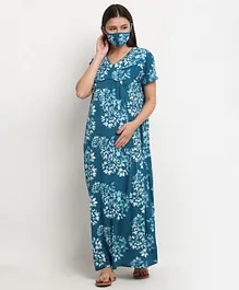 FASHIONABLY PREGNANT Half Sleeves Floral Print Nighty - Blue
