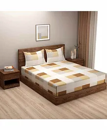 Swayam 180 TC Checked Design Fitted Bedsheet With Pillow Covers - Orange & Beige