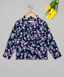 Budding Bees Full Sleeves Floral Print Shirt Style Top - Navy Blue