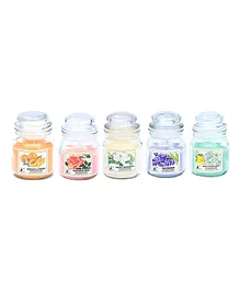 Itsy Bitsy Scented Candle Jar Kashmir Rose Cool Citrus & Basil Lavender Apricot & Peach Sweet Mangolia Pack of 5 - Yellow Pink Green White Purple