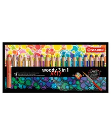 STABILO Multi-talented Pencil Woody 3-in-1 Arty Wallet of 18 Assorted colours with sharpener & brush
