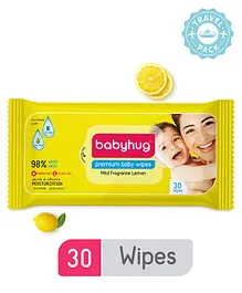 Babyhug Premium 98% Water Baby Wet Wipes with Lemon Scent Travel Pack - 30 Pieces