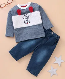 Wonderchild Full Sleeves Puppy Design Tee With Jeans - Blue