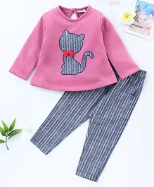 Wonderchild Cat Embroidery Full Sleeves Top With Striped Leggings - Peach