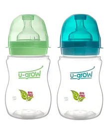 U-grow Anti Colic Wide Neck Feeding Bottle Pack of 2 Blue Green -  250 ml each