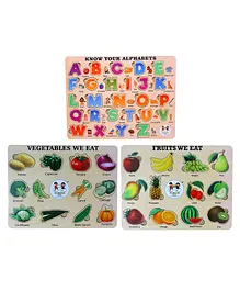 Enjunior Box Wooden Alphabets Fruits and Vegetables Puzzle with Knobs Multicolour - 50 Pieces
