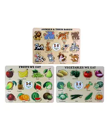 Enjunior Box Wooden Animals Fruits and Vegetables Puzzle with Knobs Multicolour - 50 Pieces