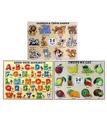 Enjunior Box Wooden Alphabets Animals and Fruits Puzzle with Knobs Multicolour - 50 Pieces