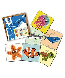 Mini Leaves 24 Pieces Wooden Set of 6 Sea Animals Jigsaw Puzzle for 2+ Kids