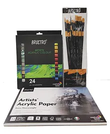 Brustro Artists Acrylic Tube Colour Set of 24 Along with 10 Brush and Acrylic Glued Pad 400 GSM A4 Size - 12 Sheets