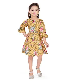 Doodle Girls Clothing  Three Fourth Sleeves Printed Satin Dress - Yellow