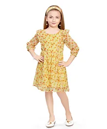 Doodle Girls Clothing Three Fourth Sleeves Chiffon Floral Printed Ruffle Dress With Hair Band - Yellow