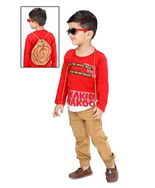 Kooka Kids Full Sleeves Text Print Tee With Pants & Bag - Red