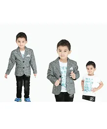 Kooka Kids Full Sleeves Checked Blazer With Tee & Jeans Set - Grey