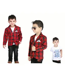 Kooka Kids Full Sleeves Checked Blazer With Tee & Jeans Set - Red