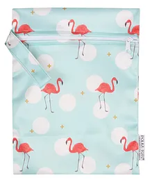 Polka Tots Waterproof Wet Bag Pouch with Zipper Flamingo Print - Sea Green