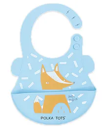 Polka Tots Waterproof Silicone Bibs with Pocket for Feeding Adjustable Snaps Blue (Fox)