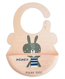 Polka Tots Waterproof Silicone Bibs with Pocket for Feeding Adjustable Snaps Peach (Bunny)