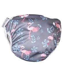 Polka Tots Waterproof Soft Material Reusable Swim Diaper Flamingo Print - Grey