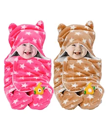 BeyBee 3 in 1 Baby Blanket Wrapper Sleeping Bag for New Born Babies Pack of 2 - Pink Beige Star