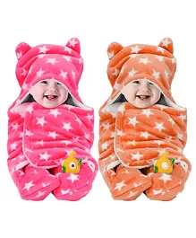 BeyBee 3 in 1 New Born Babies Blanket Wrapper Sleeping Bag Pack 2 - Pink Peach Star