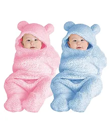 BeyBee 3 in 1 New Born Babies Blanket Wrapper Sleeping Bag Pack of 2 - Blue Pink