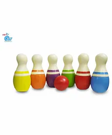 HNT Kids Wooden Bowling Toy Set With 6 Pins and 1 Ball - Multicolour