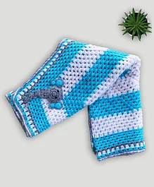 Knitting by Love Elephant Applique Hand Knit Full Size Baby Blanket - Blue & White