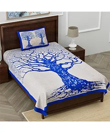 Divamee 100% Pure Cotton Single Bedsheet with Pillow Cover Jaipuri Print - Blue