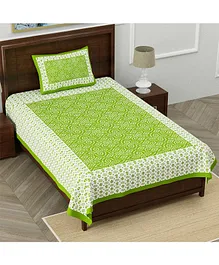 Divamee 100% Pure Cotton Single Bedsheet with Pillow Cover Jaipuri Print - Green