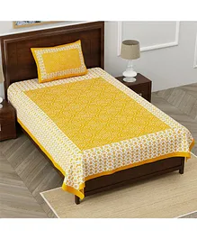 Divamee 100% Pure Cotton Single Bedsheet with Pillow Cover Jaipuri Print - Yellow