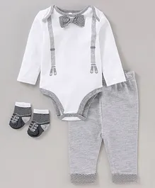 Little Gent Full Sleeves Onesie and Lounge Pant With Socks - Grey