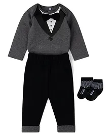 Little Gent Full Sleeves Onesie and Lounge Pant With Socks - Grey