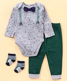 Little Gent Full Sleeves Romper Bow Applique - Green Grey