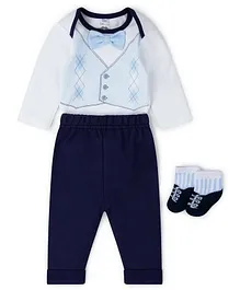 Little Gent Full Sleeves Romper Bow Applique - Navy Blue