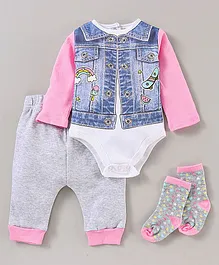 Lily and Jack Full Sleeves Onesie and Lounge Pant With Socks - Pink