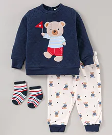 Rock a Bye Baby Full Sleeves Tee and Leggings Set with Socks Teddy Patch and Print - Navy White