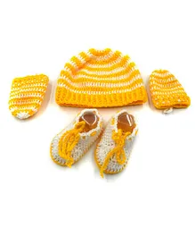 Magic Needles Handmade Striped Cap With Booties & Mittens - Yellow