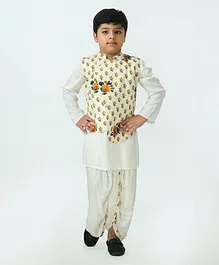 Muffin Shuffin Full Sleeves Kurta With Dhoti & Floral Print Waistcoat - White