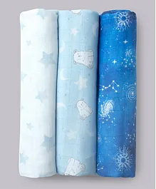 Fancy Fluff Bamboo Muslin Swaddles Starry Night Print Pack Of 3 - Blue