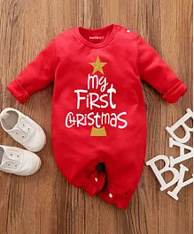 KNITROOT Full Sleeves My First Christmas Print Romper - Red