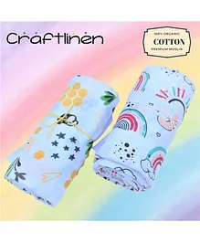 Craftlinen 100% Organic Cotton Honeybee and rainbow printed Muslin Baby Swaddle Wrap Large Pack of 2 - White