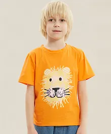 Kookie Kids Half Sleeves T-Shirt Lion Print - Orange