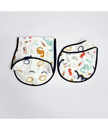 Yellow Doodle Dino Friend Printed Reversible Organic Cotton Muslin Bib & Burp Cloth Set - Multicolour