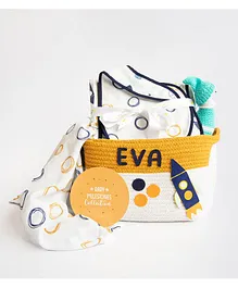 Yellow Doodle Doodle Circles Organic Cotton Welcome Baby Gift Basket - Blue